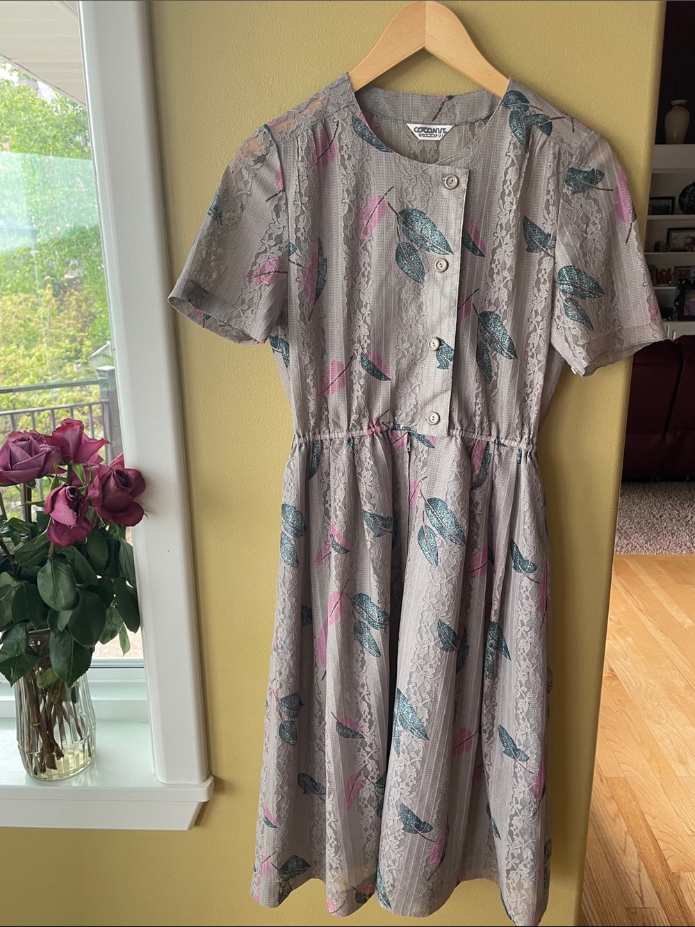 NWOT Coconuts Taupe Dress with Teal & Pink Feather Accents